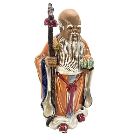 Vintage Chinese Shou Lao Figurine Holding Staff & Peach Long Life JE250 - Picture 1 of 10